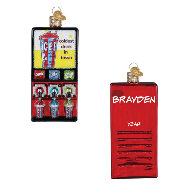 Personalized ICEE machine glass Christmas ornament with colorful frozen drink dispensers, custom name and year.