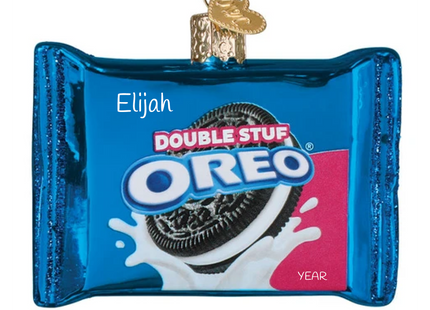 Personalized OREO Double Stuf package glass Christmas ornament with custom name and year.