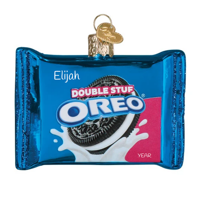 Personalized OREO Double Stuf package glass Christmas ornament with custom name and year.