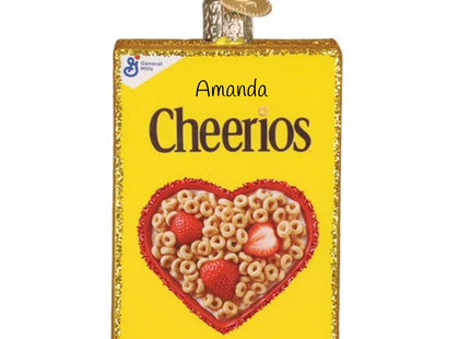 Personalized Cheerios cereal box glass Christmas ornament with heart-shaped cereal bowl, custom name and year.