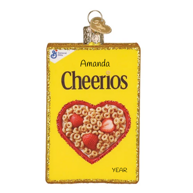 Personalized Cheerios cereal box glass Christmas ornament with heart-shaped cereal bowl, custom name and year.