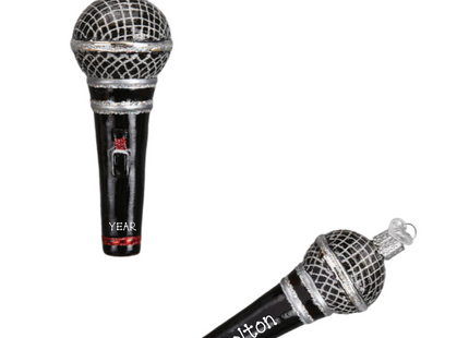 Personalized black and silver microphone glass Christmas ornament with custom name and year.