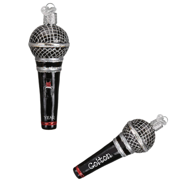 Personalized black and silver microphone glass Christmas ornament with custom name and year.