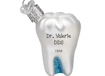 Personalized dentist tooth glass Christmas ornament with custom name, professional title and year.