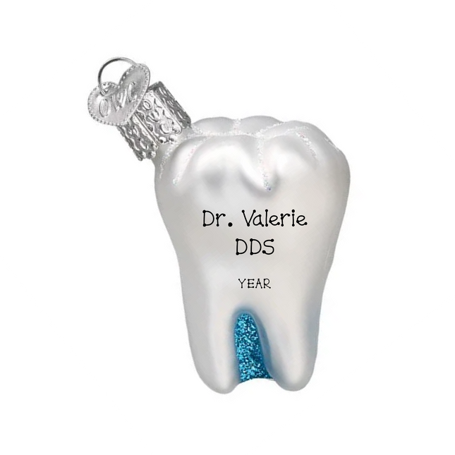 Personalized dentist tooth glass Christmas ornament with custom name, professional title and year.