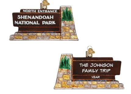 Personalized Shenandoah National Park entrance sign glass Christmas ornament with custom family message and year.