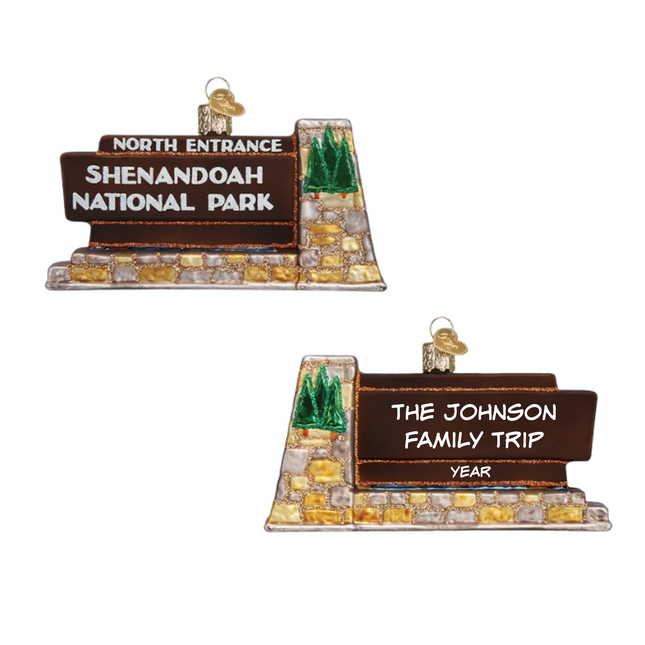 Personalized Shenandoah National Park entrance sign glass Christmas ornament with custom family message and year.