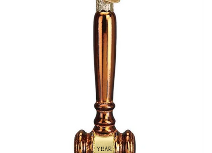 Personalized judge gavel glass Christmas ornament with brown and gold detailing and custom year.