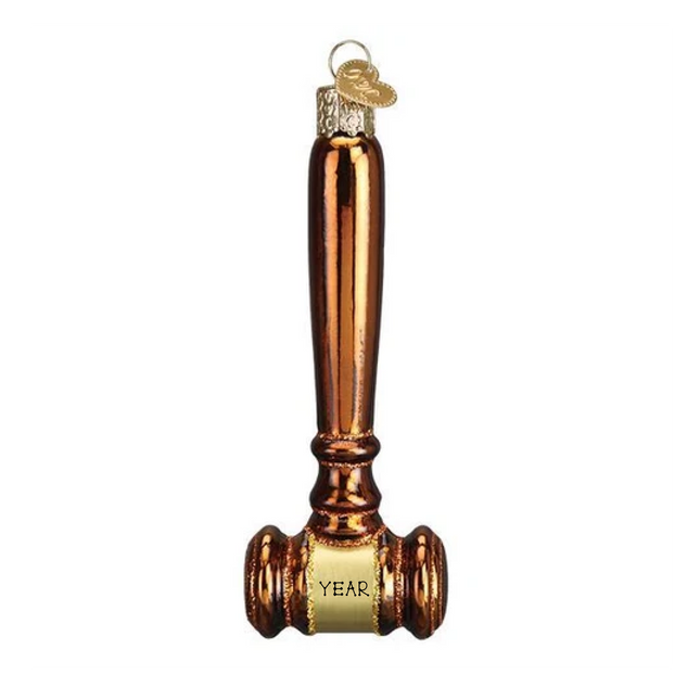 Personalized judge gavel glass Christmas ornament with brown and gold detailing and custom year.