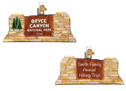 Personalized Bryce Canyon National Park entrance sign glass Christmas ornament with custom family message and year.