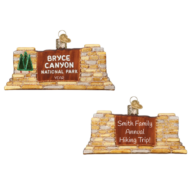 Personalized Bryce Canyon National Park entrance sign glass Christmas ornament with custom family message and year.