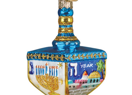 Personalized blue and gold Hanukkah dreidel glass ornament with menorah, Jerusalem scene and custom year.