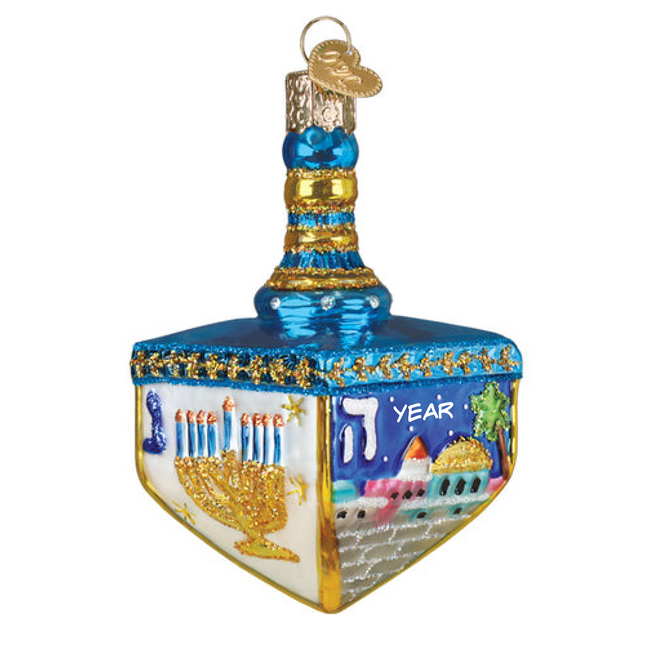 Personalized blue and gold Hanukkah dreidel glass ornament with menorah, Jerusalem scene and custom year.