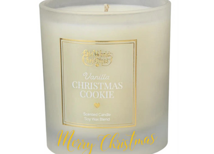 Personalized Vanilla Christmas Cookie scented soy candle in a frosted white glass jar with a custom holiday message on the front.