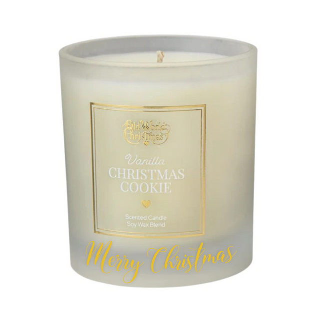 Personalized Vanilla Christmas Cookie scented soy candle in a frosted white glass jar with a custom holiday message on the front.