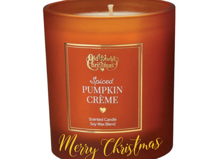 Personalized Spiced Pumpkin Crème scented soy candle in an amber frosted glass jar with a custom holiday message on the front.