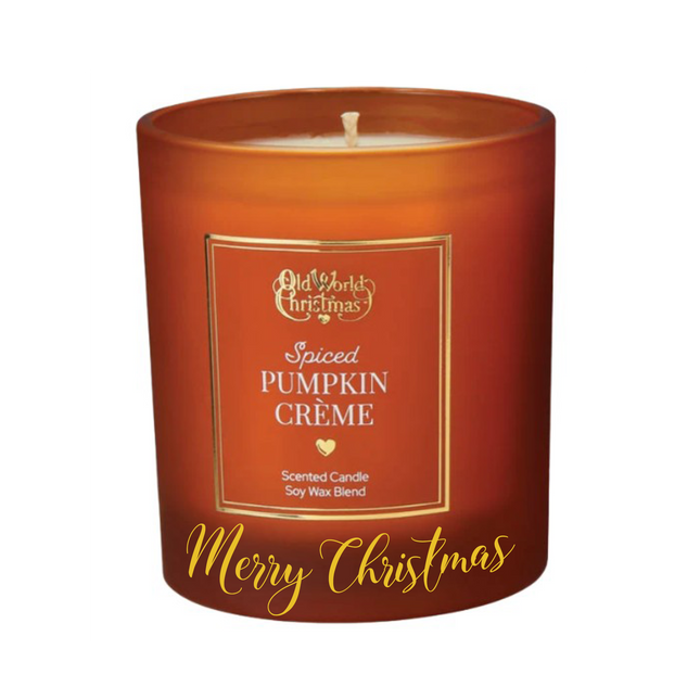 Personalized Spiced Pumpkin Crème scented soy candle in an amber frosted glass jar with a custom holiday message on the front.