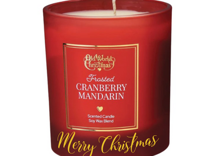 Personalized Frosted Cranberry Mandarin scented soy candle in a red frosted glass jar with a custom holiday message on the front.