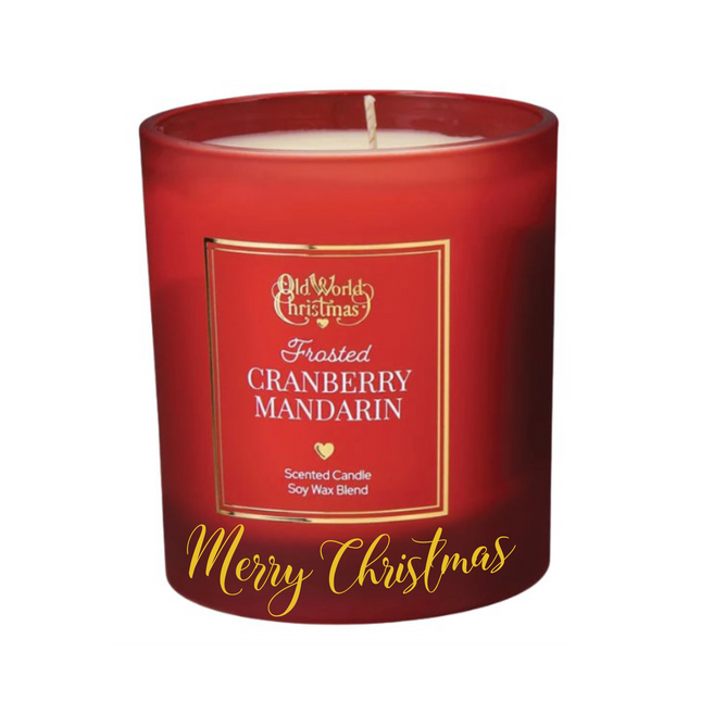 Personalized Frosted Cranberry Mandarin scented soy candle in a red frosted glass jar with a custom holiday message on the front.