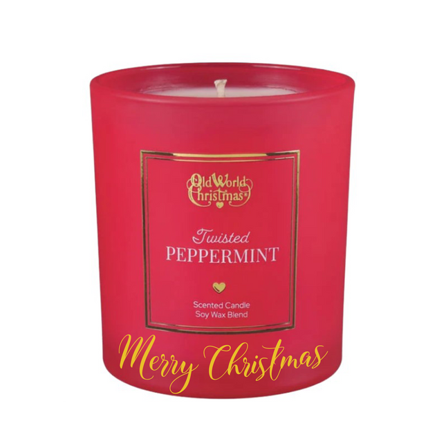 Personalized Twisted Peppermint scented soy candle in a red frosted glass jar with a custom holiday message on the front.