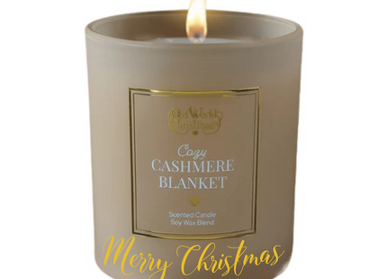 Personalized Cozy Cashmere Blanket scented soy candle in a frosted glass jar with a custom name or holiday message on the front.