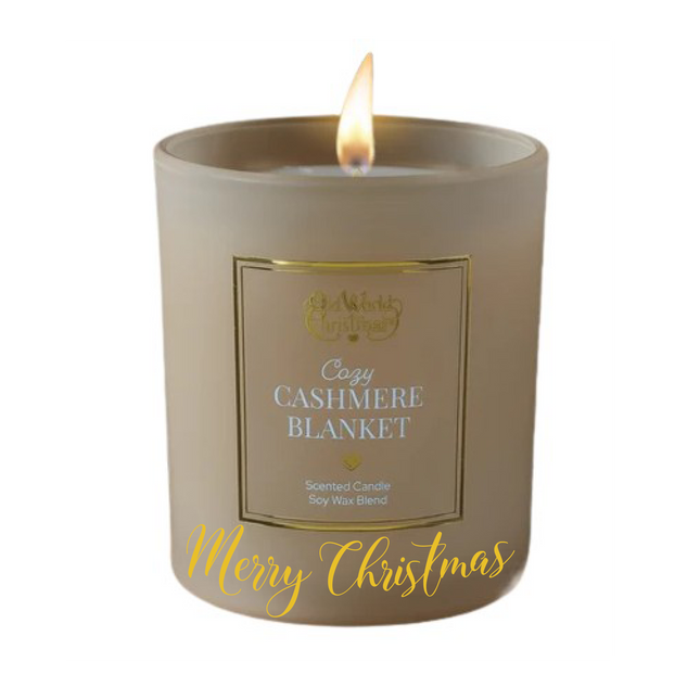 Personalized Cozy Cashmere Blanket scented soy candle in a frosted glass jar with a custom name or holiday message on the front.