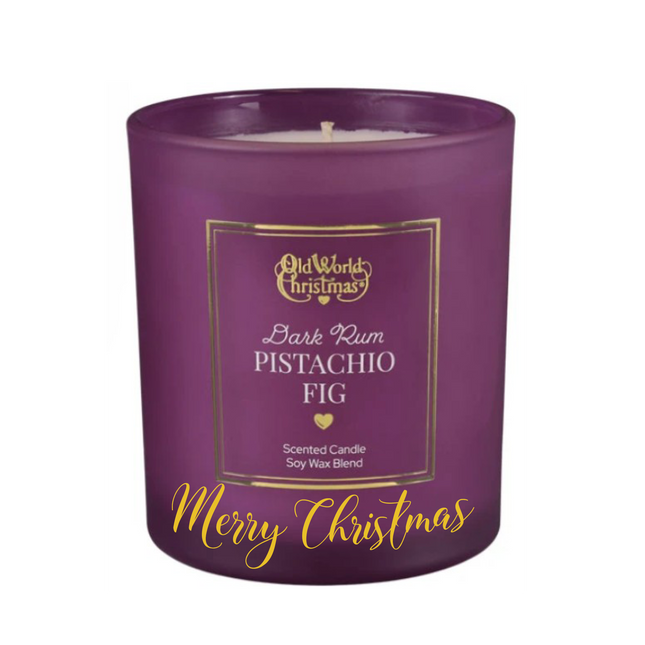 Personalized Dark Rum Pistachio Fig scented soy candle in a plum glass jar with a custom holiday message on the front.