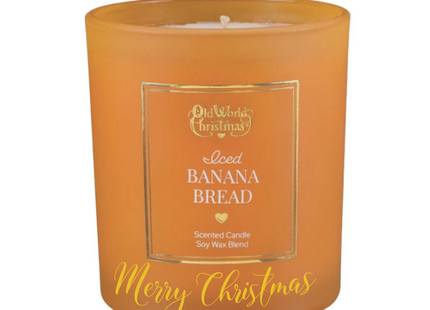 Personalized Iced Banana Bread scented soy candle in an amber frosted glass jar with a custom holiday message on the front.