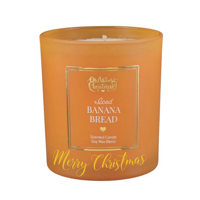 Personalized Iced Banana Bread scented soy candle in an amber frosted glass jar with a custom holiday message on the front.