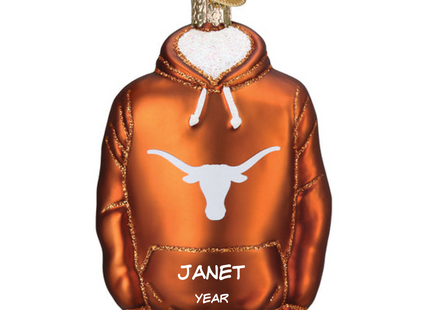 Personalized Texas Longhorns burnt orange hoodie Christmas ornament with custom name and year.