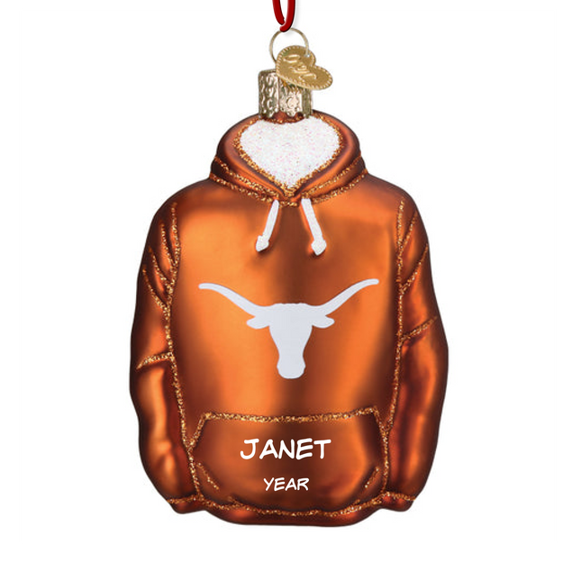 Personalized Texas Longhorns burnt orange hoodie Christmas ornament with custom name and year.