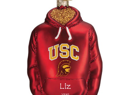 Personalized USC Trojans red hoodie Christmas ornament with custom name and year.