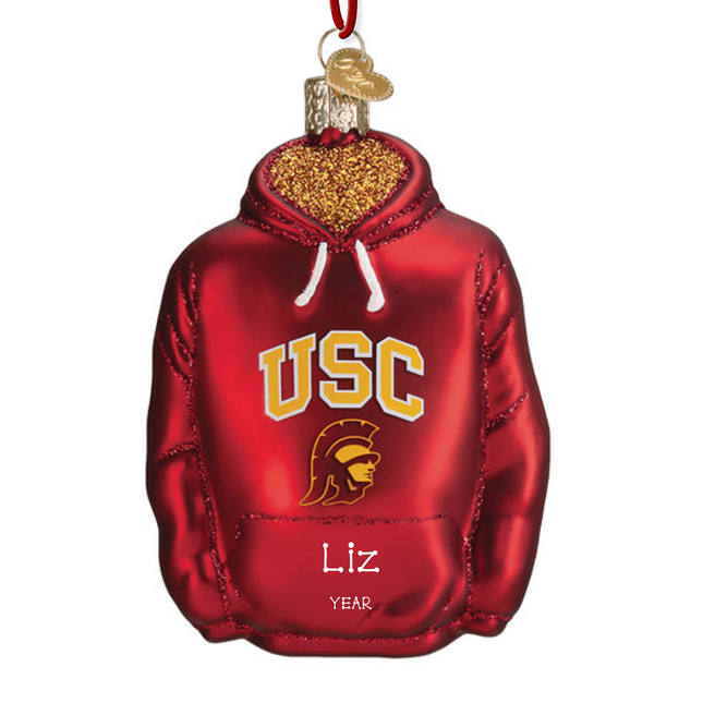 Personalized USC Trojans red hoodie Christmas ornament with custom name and year.