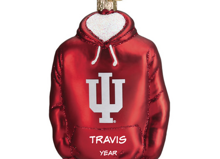 Personalized Indiana Hoosiers red hoodie Christmas ornament with IU logo, custom name and year.