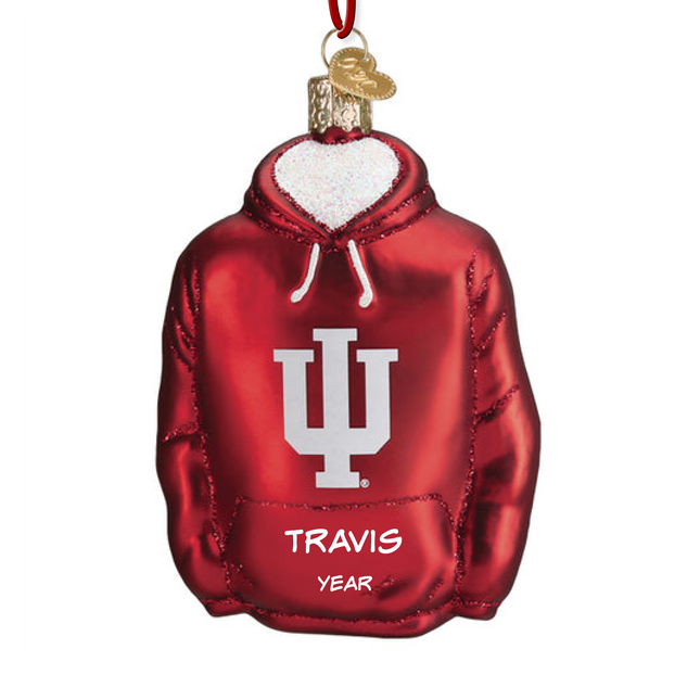 Personalized Indiana Hoosiers red hoodie Christmas ornament with IU logo, custom name and year.
