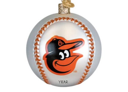 Personalized Baltimore Orioles baseball Christmas ornament with Orioles bird logo, orange stitching, and custom year.