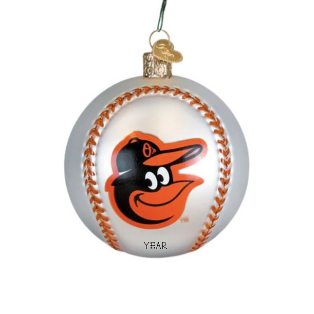 Personalized Baltimore Orioles baseball Christmas ornament with Orioles bird logo, orange stitching, and custom year.