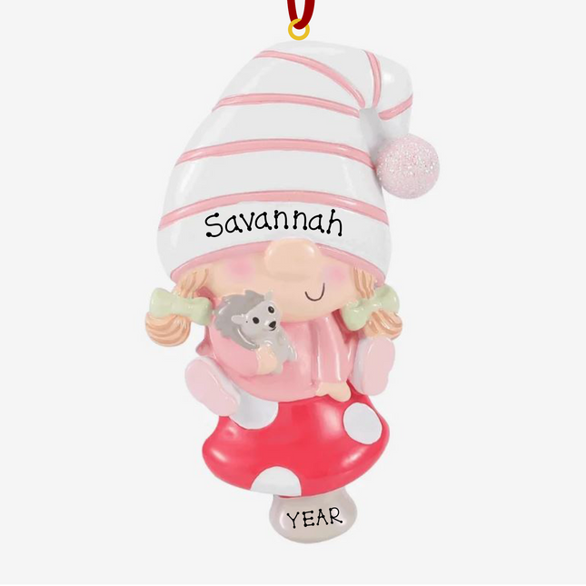 Personalized Cozy Winter Gnome Girl Christmas Ornament holding a squirrel while sitting on a festive mushroom