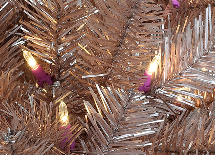 5' Pre-lit Multifunction Rose Gold Oregon Fir Tinsel Tree with Metal Stand and Instant Connect