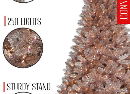 5' Pre-lit Multifunction Rose Gold Oregon Fir Tinsel Tree with Metal Stand and Instant Connect