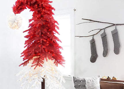 Pre-lit Santa Hat Christmas Tree with Red and Warm White Lights and Square Metal Base