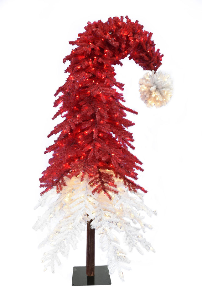 Pre-lit Santa Hat Christmas Tree with Red and Warm White Lights and Square Metal Base