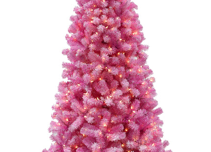 Prelit Pink Christmas Tree with Silver Tinsel Needles Warm White Lights