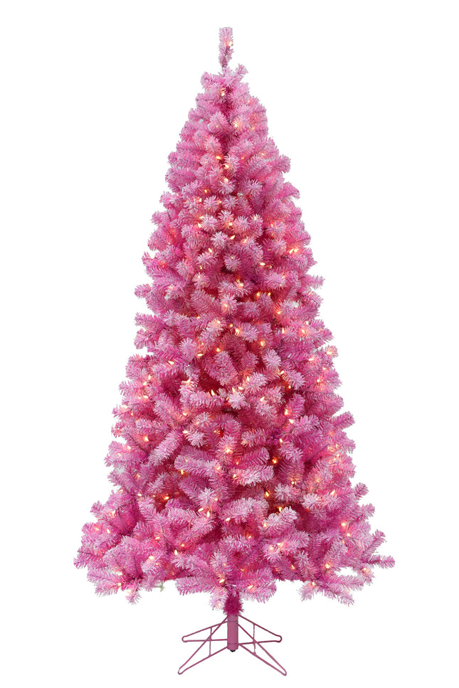 Prelit Pink Christmas Tree with Silver Tinsel Needles Warm White Lights