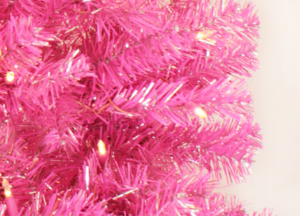 Prelit Pink Christmas Tree with Silver Tinsel Needles Warm White Lights