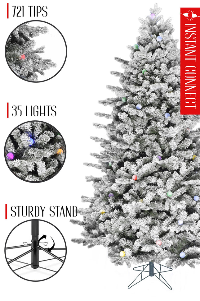 Pre-lit Large Bulb Snow Flocked Grand Noble Fir with Metal Stand - Instant Connect Feature