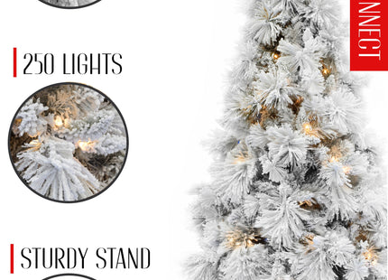 Pre-lit Slim Snow Flocked Atka Christmas Tree with Metal Stand and Instant Connect