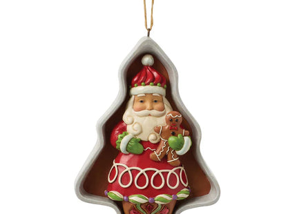 Jim Shore Santa in Christmas tree cookie cutter ornament holding a gingerbread cookie