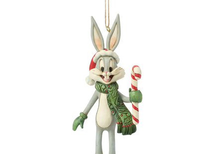 Jim Shore Bugs Bunny Christmas ornament wearing a Santa hat and holding a candy cane