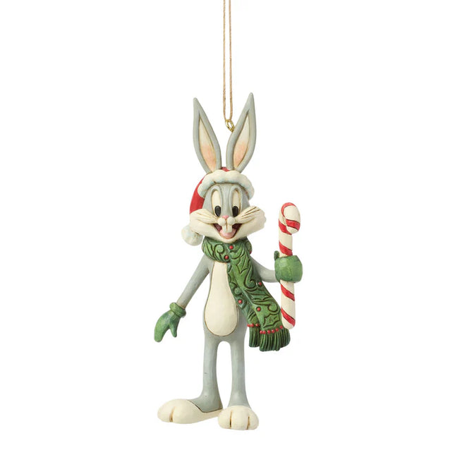 Jim Shore Bugs Bunny Christmas ornament wearing a Santa hat and holding a candy cane